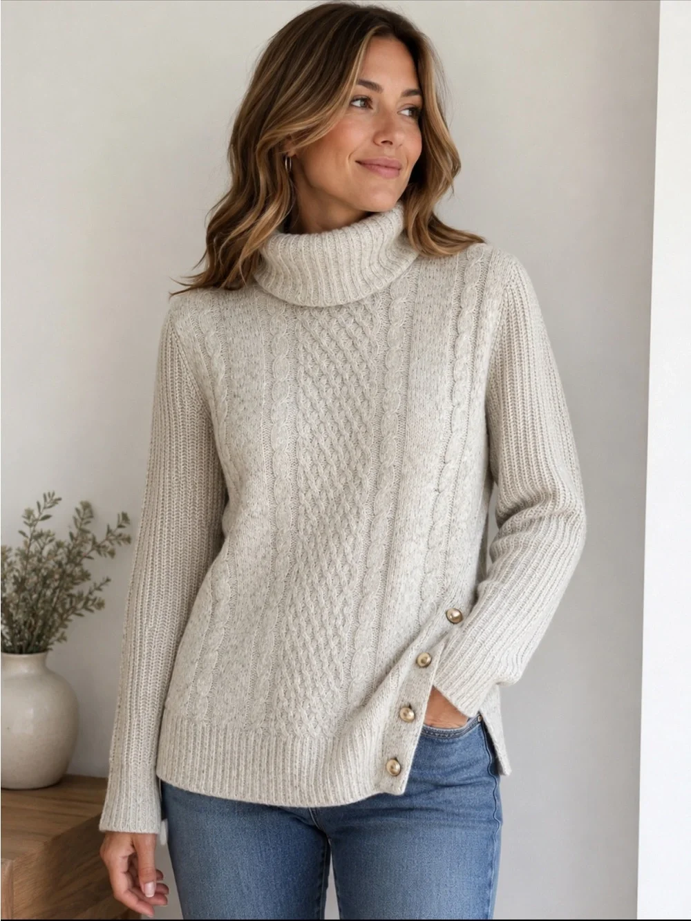 Liz Claiborne Cream Cable Knit Turtleneck Sweater with Side Buttons